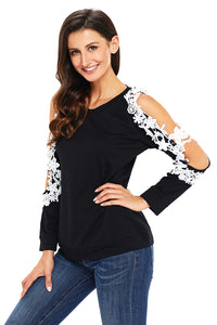Sexy Lace Trim Cold Shoulder Black Long Sleeve Top