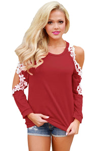 Sexy Lace Trim Cold Shoulder Burgundy Long Sleeve Top