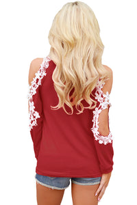 Sexy Lace Trim Cold Shoulder Burgundy Long Sleeve Top