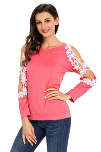 Sexy Lace Trim Cold Shoulder Coral Long Sleeve Top