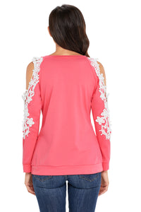 Sexy Lace Trim Cold Shoulder Coral Long Sleeve Top