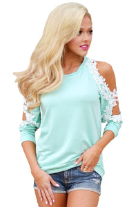 Sexy Lace Trim Cold Shoulder Mint Long Sleeve Top