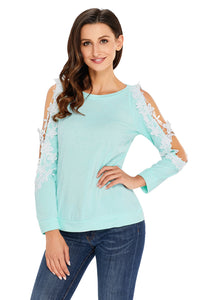 Sexy Lace Trim Cold Shoulder Mint Long Sleeve Top