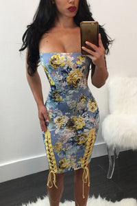 Sexy Lace Up Detail Strapless Body-con Floral Dress