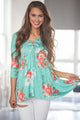 Sexy Lace Up V Neck Mint Floral Blouse