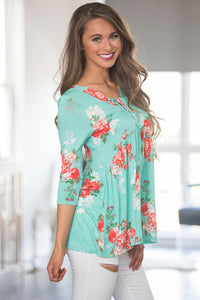 Sexy Lace Up V Neck Mint Floral Blouse