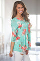Sexy Lace Up V Neck Mint Floral Blouse