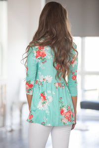 Sexy Lace Up V Neck Mint Floral Blouse