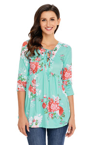 Sexy Lace Up V Neck Mint Floral Blouse