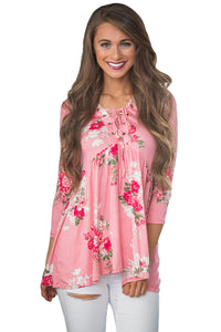 Sexy Lace Up V Neck Pink Floral Blouse