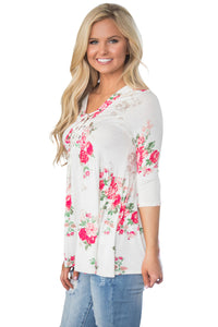Sexy Lace Up V Neck White Floral Blouse