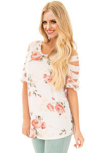 Sexy Ladder Cutout Sleeve Ivory Floral Top