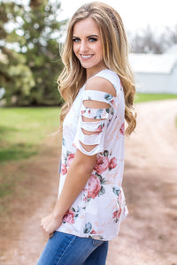 Sexy Ladder Cutout Sleeve White Floral Top