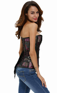 Sexy Leather Trim Lace Up Brocade Corset with Thong