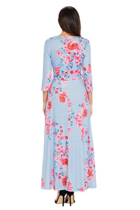 Sexy Light Blue Blooming Flower Print Wrap V Neck Boho Dress
