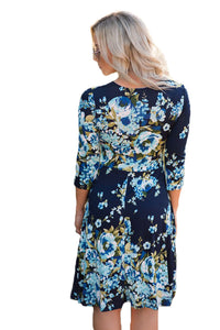 Sexy Light Blue Blossom Print Navy Wrap Floral Dress