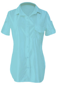 Sexy Light Blue Button Up Side Slit Short Sleeve Shirt