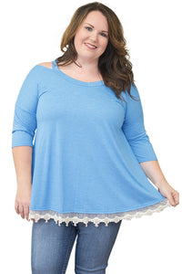 Sexy Light Blue Cold Shoulder Lacy Hem Plus Size Blouse