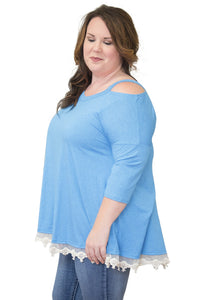 Sexy Light Blue Cold Shoulder Lacy Hem Plus Size Blouse