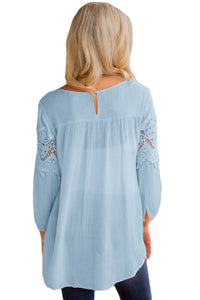 Sexy Light Blue Crochet Detail Long Sleeve Babydoll Top