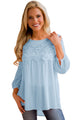 Sexy Light Blue Crochet Detail Long Sleeve Babydoll Top