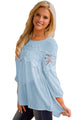 Sexy Light Blue Crochet Detail Long Sleeve Babydoll Top