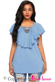 Sexy Light Blue Deep V Neck Lace up Ruffle Short Sleeves Top