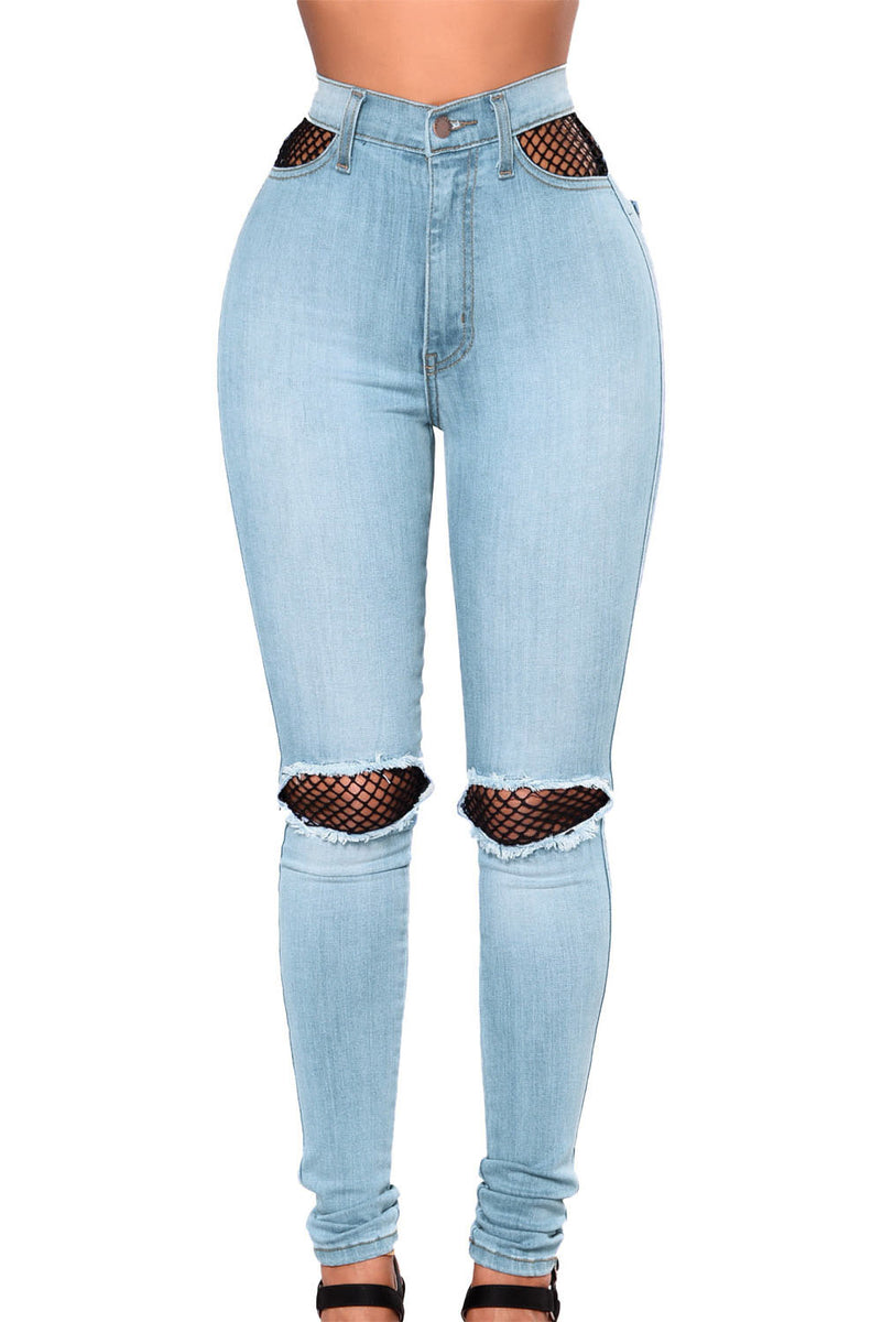 Sexy Light Blue Fishnet Splice High Waist Jeans – SEXY AFFORDABLE CLOTHING