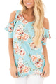 Sexy Light Blue Floral Cold Shoulder Top with Ruffle Sleeve