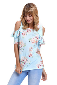 Sexy Light Blue Floral Cold Shoulder Top with Ruffle Sleeve