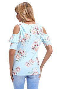 Sexy Light Blue Floral Cold Shoulder Top with Ruffle Sleeve