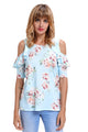 Sexy Light Blue Floral Cold Shoulder Top with Ruffle Sleeve