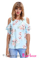 Sexy Light Blue Floral Cold Shoulder Top with Ruffle Sleeve