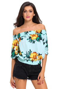 Sexy Light Blue Floral Off-the-shoulder Top