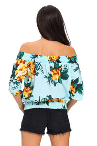 Sexy Light Blue Floral Off-the-shoulder Top