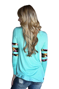 Sexy Light Blue Floral Print Splice Sleeve Pullover Blouse
