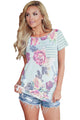 Sexy Light Blue Floral and Striped Casual T-shirt