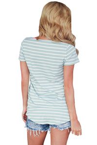 Sexy Light Blue Floral and Striped Casual T-shirt