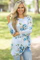 Sexy Light Blue Long Sleeve Knotted Floral Print Blouse