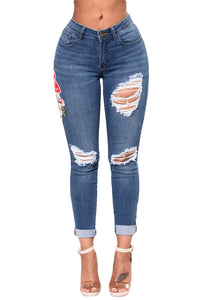 Sexy Light Blue Mid Rise Distressed Rose Embroidery Jeans