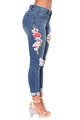 Sexy Light Blue Mid Rise Distressed Rose Embroidery Jeans