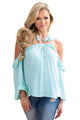 Sexy Light Blue O-ring Connected Ruffle Detail Off Shoulder Top