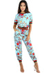 Sexy Light Blue Red Floral Print Two Piece Jogger Set