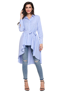 Sexy Light Blue Striped Lapel Shirt High Low Belted Blouse Top