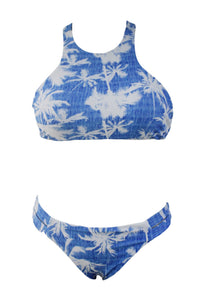 Sexy Light Blue Tropical Leaf Print High Neck Tankini Bathing Suit