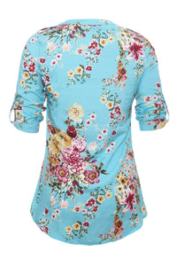Sexy Light Blue V Neck Pleat Button Front Floral Tunic Top