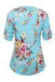 Sexy Light Blue V Neck Pleat Button Front Floral Tunic Top