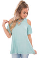 Sexy Light Green Crisscross Front Cold Shoulder Ruffle Sleeve Top