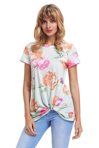 Sexy Light Green Floral Short Sleeve Knot Top