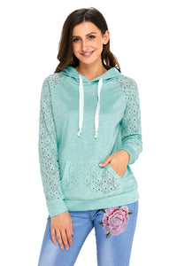 Sexy Light Green Lace Accent Kangaroo Pocket Hoodie